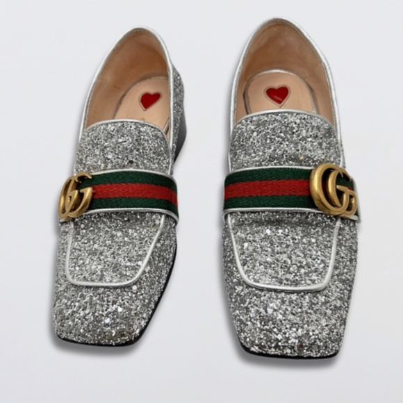 Gucci GG Marmont Web Peyton Loafers Coarse Glitter Metallic Silver Women’s US 35 - Picture 1 of 15